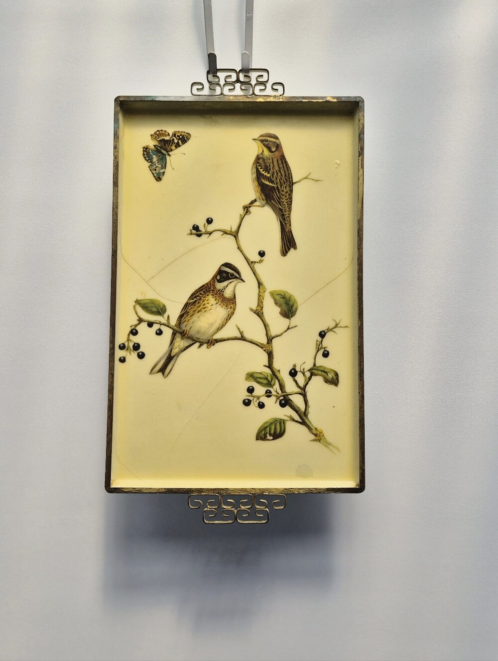 Vintage Kyes Moire Glaze Serving Tray Chinoiserie Hollywood Regency Bird MCM